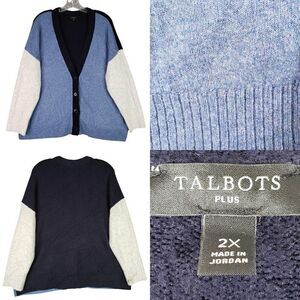 Talbots Cardigan Sweater Womens Plus Size 2X Blue Color Block Button Knit